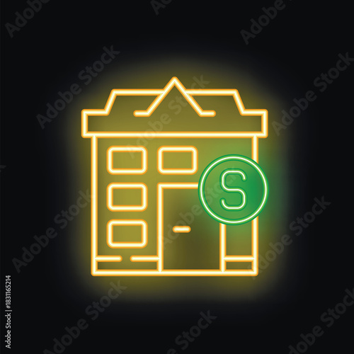 Glowing neon line market building with dollar symbol icon isolated on black background. Vector illustration