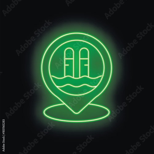 Glowing neon green swimming pool location pin icon on a black background