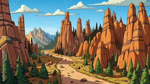 Very beautiful dramatic rock towers rise along the Cathedral Spires trail, surrounded by rugged cliffs, tall pines, and clear skies, creating a captivating hiking setting in the Black Hills wilderness