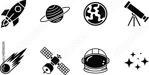 Space exploration icon set black and white vector
