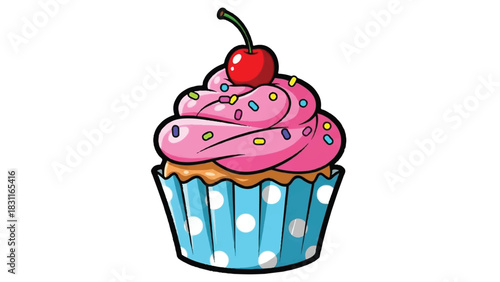 Delicious Pink Frosted Cupcake with Cherry Topping and Sprinkles.