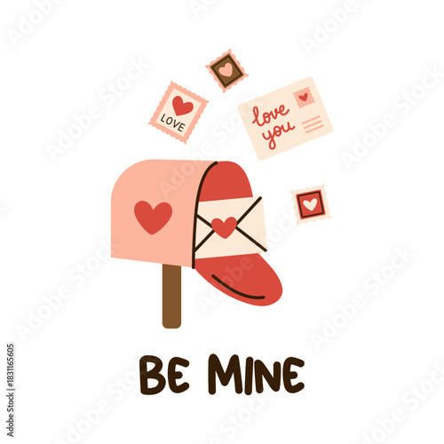 Vector cute be mine valentines day card with pink heart mailbox, love letter, postcard and romantic postage stamp. Sweet love mail illustration for greeting card, wedding and holiday gift design.