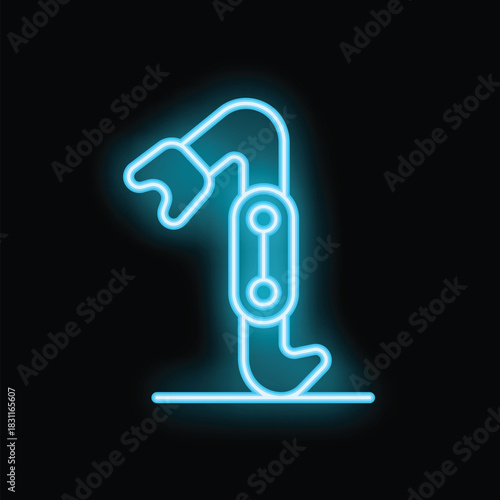Blue neon sign illustrating a prosthetic robotic leg, symbolizing innovation in medical technology