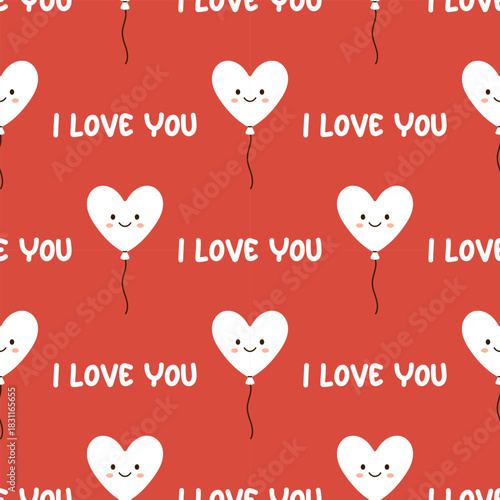 Vector seamless pattern with smiling heart shaped balloons and I love you text on red background. Valentines Day romantic print, greeting cards, wrapping paper, textile, festive decor in flat style.
