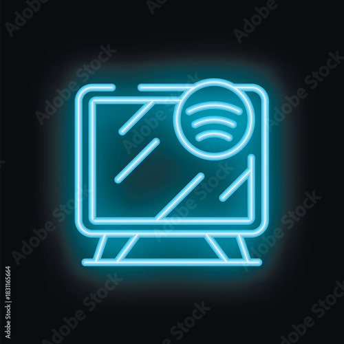 Blue neon icon of a smart tv streaming music through wifi from internet on a black background