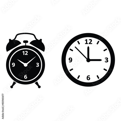 Two black alarm clocks and a wall clock on a white background
