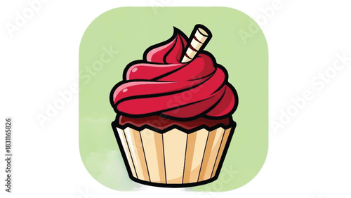 Delicious cupcake with red frosting and a wafer stick on top.