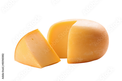 A wheel of gouda cheese and a slice isolated on transparent background