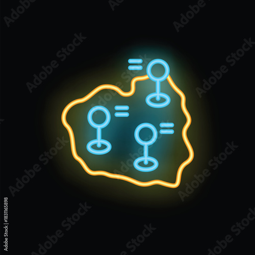 Neon icon of a route planning app showing a map with multiple location pins indicating points of interest