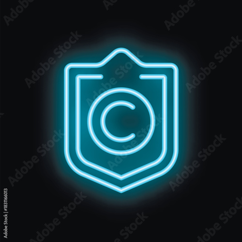 Blue neon copyright symbol glowing inside a shield over a black background