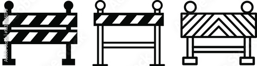 Road construction barricade icon set, traffic barrier, caution sign