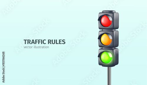 Traffic Light Signal With Red, Yellow, And Green Indicators For Road Safety And Driving Rules Education. Vector Illustration.