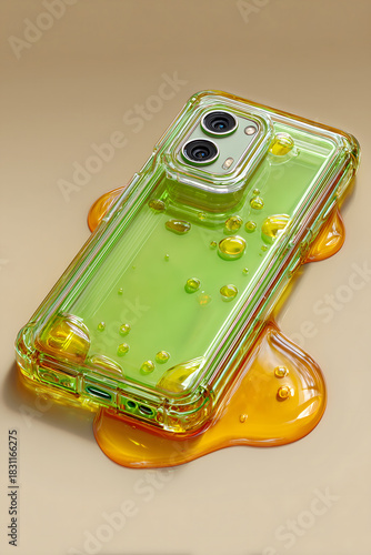 A clear phone case filled with green liquid and bubbles, resting in a puddle of golden syrup.