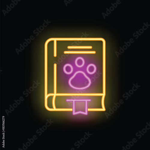 Glowing neon sign depicting a book with a paw print, ideal for pet related businesses