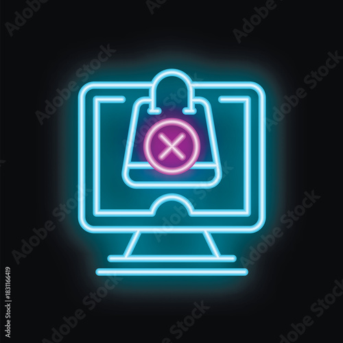 Blue and purple neon icon of a computer screen showing a canceled online order on black background