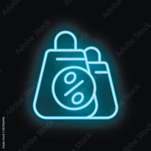 Blue neon sign of shopping bags with percentage symbol glowing on black background