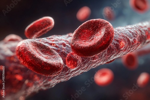 Red blood cells flowing through a blood vessel in a dynamic, high-resolution scientific visualization