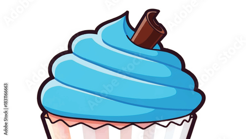 Delicious Blue Frosted Cupcake with Chocolate Stick Topping.