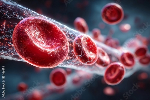 Red blood cells travel through a blood vessel in a detailed scientific illustration showcasing human anatomy