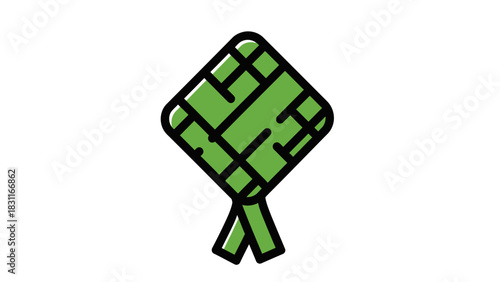 A vibrant green ketupat, a traditional woven rice dumpling, often served during Eid al-Fitr celebrations in Southeast Asia, depicted as a simple graphic icon.