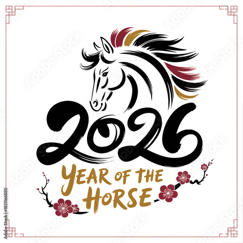 2026 Year of the Horse Typography with Brush Horse Head