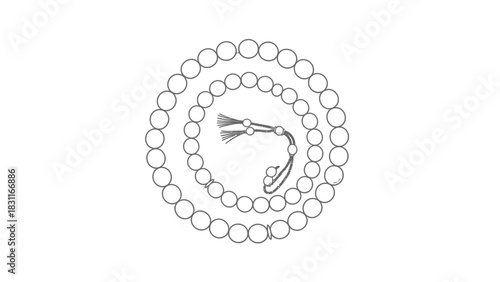 Line drawing of prayer beads or rosary with a tassel, arranged in a spiral pattern.