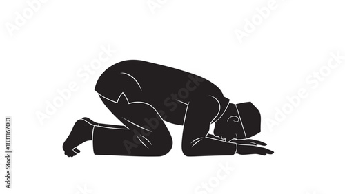 A black silhouette of a man prostrating in prayer, with his forehead and hands on the ground, on a white background.