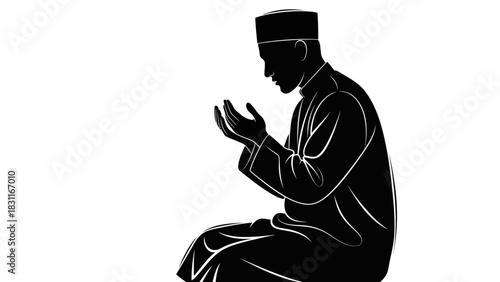 A silhouette of a Muslim man kneeling in prayer, hands open in supplication, on a white background.