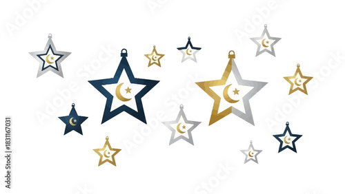 A collection of gold, silver, and navy blue star-shaped decorations featuring a crescent moon symbol, scattered against a white background, suitable for Islamic holidays.