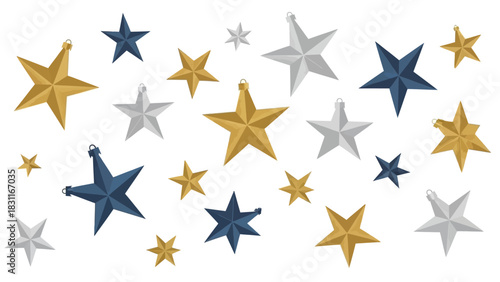 A collection of various sized and colored star ornaments scattered on a white background, featuring gold, silver, and blue stars.
