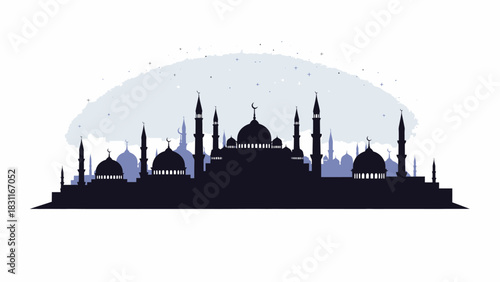 Silhouette of a grand mosque with multiple domes and minarets against a light sky, depicting Islamic architecture.