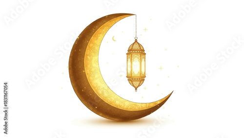Golden crescent moon with a hanging illuminated lantern and sparkling stars on a white background.
