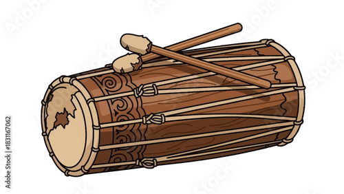 A detailed illustration of a traditional wooden drum with two drumsticks resting on its surface, featuring intricate carvings.