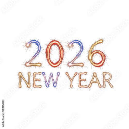 2026 New Year text made of colorful sparklers on black background isolated on a transparent background