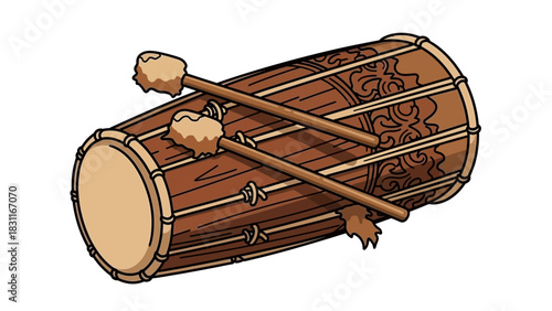 Traditional wooden drum with decorative carvings and two drumsticks resting on top.
