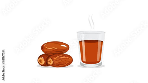Illustration of three brown dates next to a clear glass of hot tea or coffee with steam.