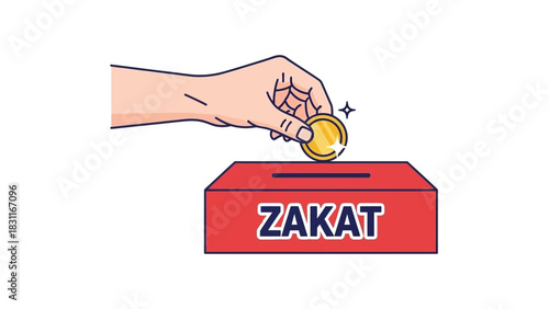 A hand dropping a golden coin into a red Zakat box, symbolizing Islamic charity and alms-giving.