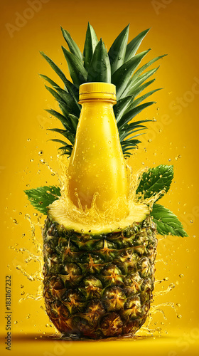 A vibrant yellow bottle of pineapple juice emerging from a fresh pineapple with splashes on a yellow background.