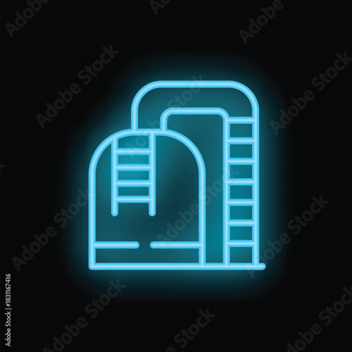 Glowing neon icon depicting oil storage tanks with stairs, symbolizing the fossil fuel industry and energy production