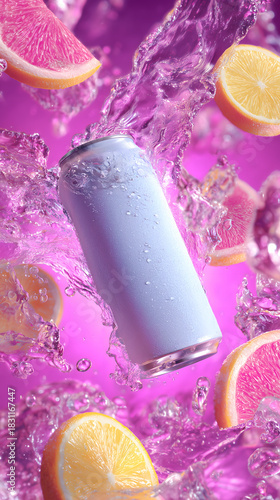 A refreshing light purple beverage can with water splashes, grapefruit, and lemon slices on a vibrant pink background.