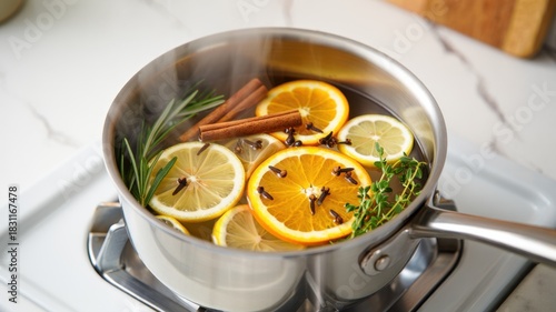 Stovetop simmer pot with citrus slices spices, saucepan on gas burner, steam rising kitchen ritual, orange lemon clove cinnamon rosemary thyme, natural home fragrance, winter holiday aroma
