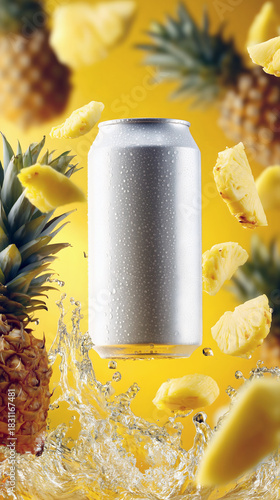 A silver aluminum beverage can surrounded by fresh pineapples and splashing water on a vibrant yellow background.