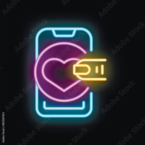 Neon icon of a smartphone showing a heart with a credit card, representing the concept of online donation for charity