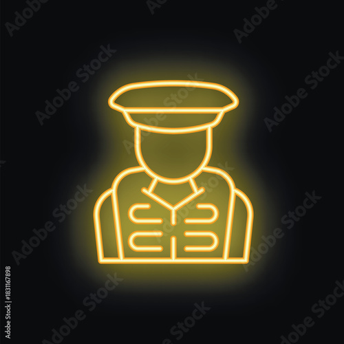 Yellow neon sign of a soldier wearing a uniform and a cap glowing on a black background