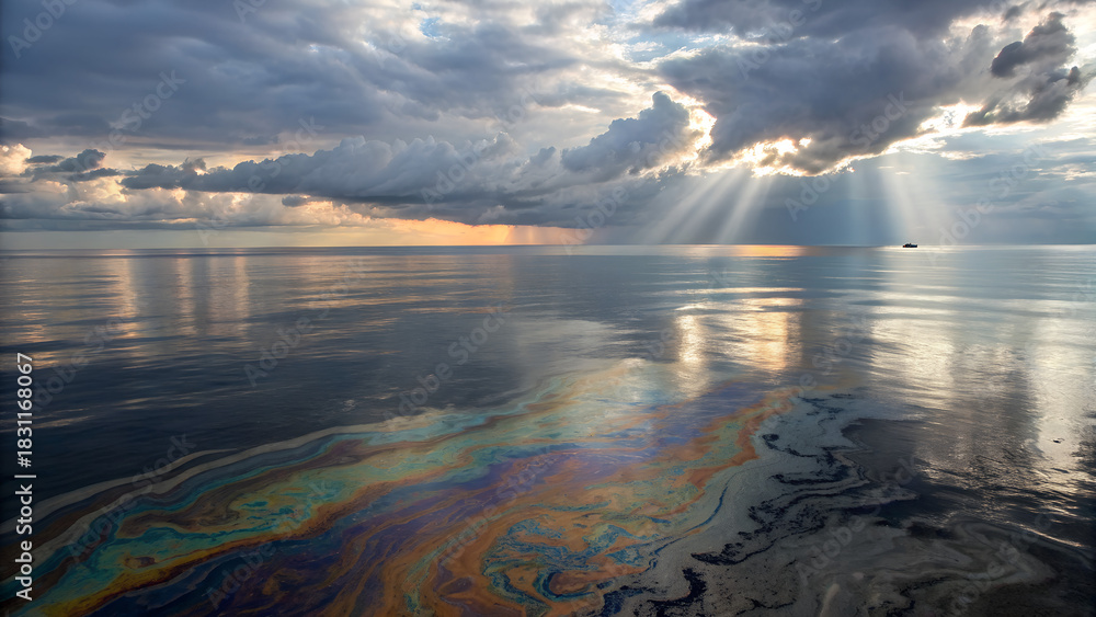 Fototapeta premium Oil Film Spreading Across Ocean Surface. Thin oily sheen floating on rippling ocean water, showing pollution and environmental contamination. 