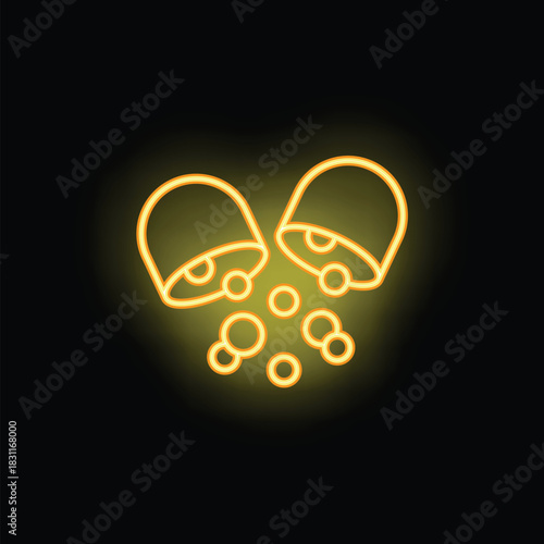 Opened medical capsule spreading particles with yellow neon light effect on a black background