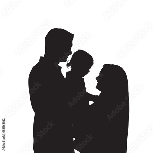 Silhouette of a family including mother father and child representing love and togetherness isolated on white background