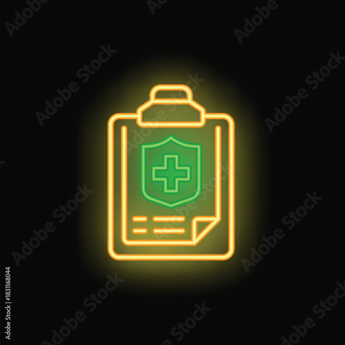 Neon medical insurance concept with clipboard and shield glowing green and yellow on a black background