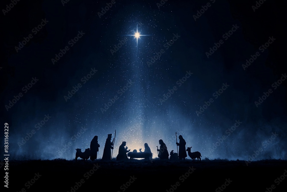 Naklejka premium Nativity scene illuminated by a bright star during a peaceful night