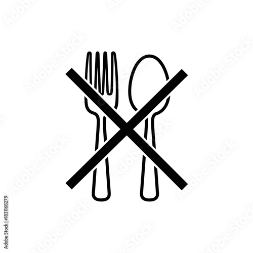 No eating symbol with crossed fork and spoon on white background  